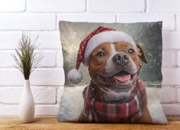Warren Reed - Designer Snowy Christmas Staffordshire Bull Terrier Cushion in Brown - Size: 60 cm x 60 cm - thumbnail 2