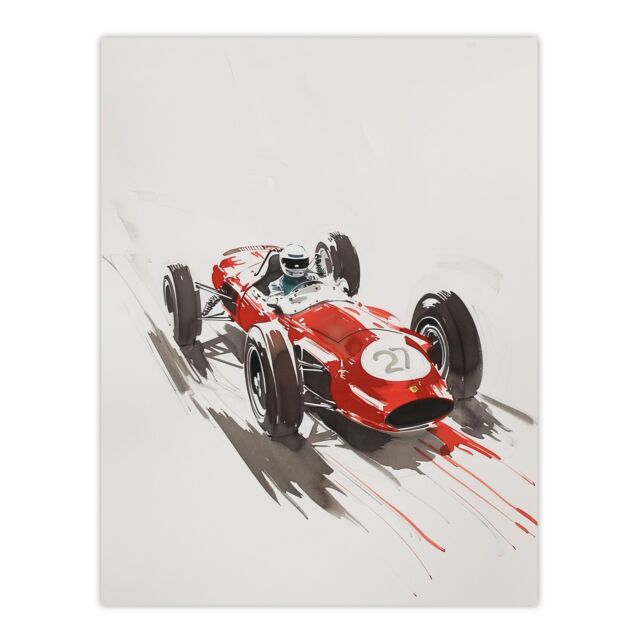 "Artery8 Vintage Automobile Race Car Sport Watercolour Wall Art Print in Red - Size: W24"" x H32""" - image 1