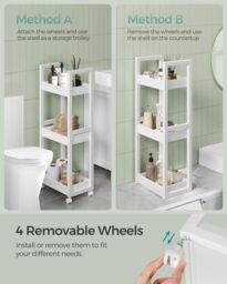 SONGMICS Slim Bathroom Trolley with Wheels & 3 Storage Shelves in White - thumbnail 3