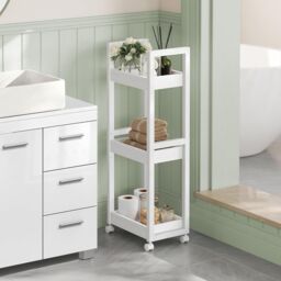 SONGMICS Slim Bathroom Trolley with Wheels & 3 Storage Shelves in White - thumbnail 1