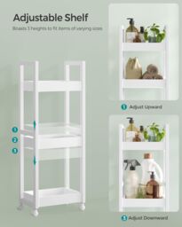 SONGMICS Slim Bathroom Trolley with Wheels & 3 Storage Shelves in White - thumbnail 4