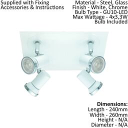 Loops Wall Flush Ceiling Light IP44 Bathroom Colour White Chrome Bulb GU10 4x3.3W Incl - thumbnail 2