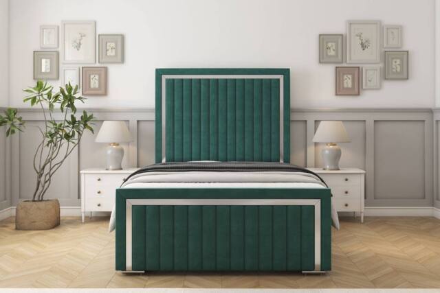 "Sloomy Boston Chrome Plush Bed Frame With 50"" Upholstered Headboard in Emerald - Size: Double" - image 1