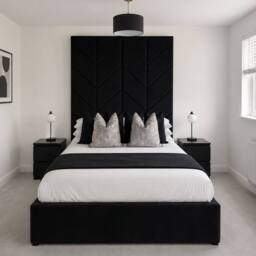 Stratus Interiors Ceasar Arrow Panel Upholstered Bed with Tall Headboard - Metal Gaslift in Black - Size: King - thumbnail 1