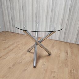 KOSY KOALA Modern Round Chrome Metal & Clear Glass Kitchen Dining Table Only