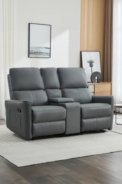 More4Homes Madrid 2 Seater W Console Manual Air Leather Recliner Sofa in Grey - image 1