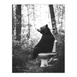 "Artery8 Grizzly Bear Toilet Black White Forest Landscape Wall Art Print in Grey - Size: W12"" x H16""" - thumbnail 1