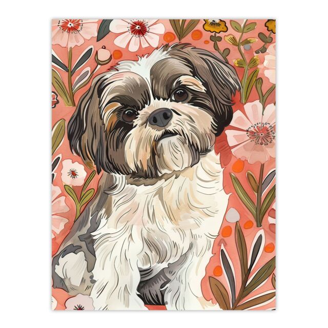 "Artery8 Dog Lover Cute Shih Tzu Puppy With Wildflowers Wall Art Print in Pink - Size: W12"" x H16""" - image 1
