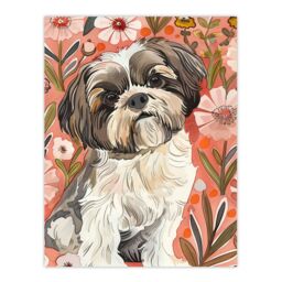 "Artery8 Dog Lover Cute Shih Tzu Puppy With Wildflowers Wall Art Print in Pink - Size: W12"" x H16""" - thumbnail 1