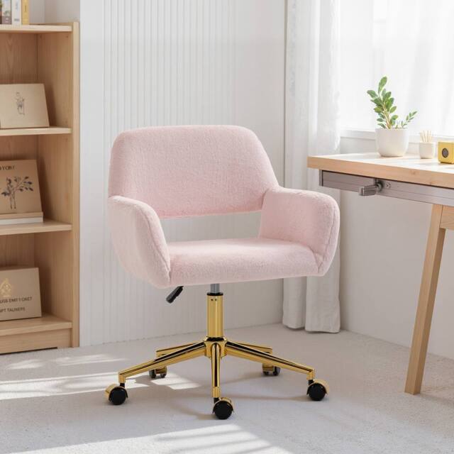 HOMCOM Swivel Office Chair, Vanity Desk Chair with Adjustable Height, Wheels in Light Pink - image 1