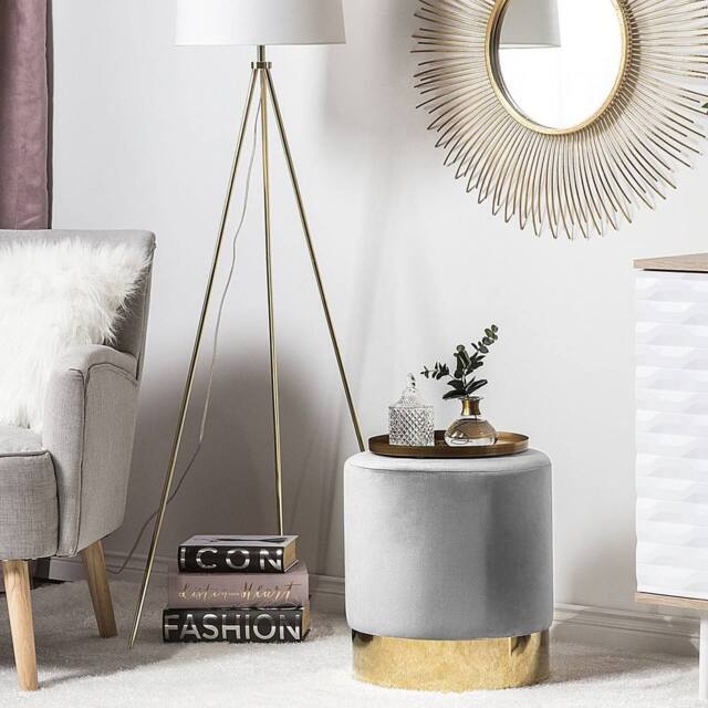 Wyld and Coco Grey Velvet Round Footstool with Gold Base - image 1