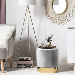 Wyld and Coco Grey Velvet Round Footstool with Gold Base - thumbnail 1