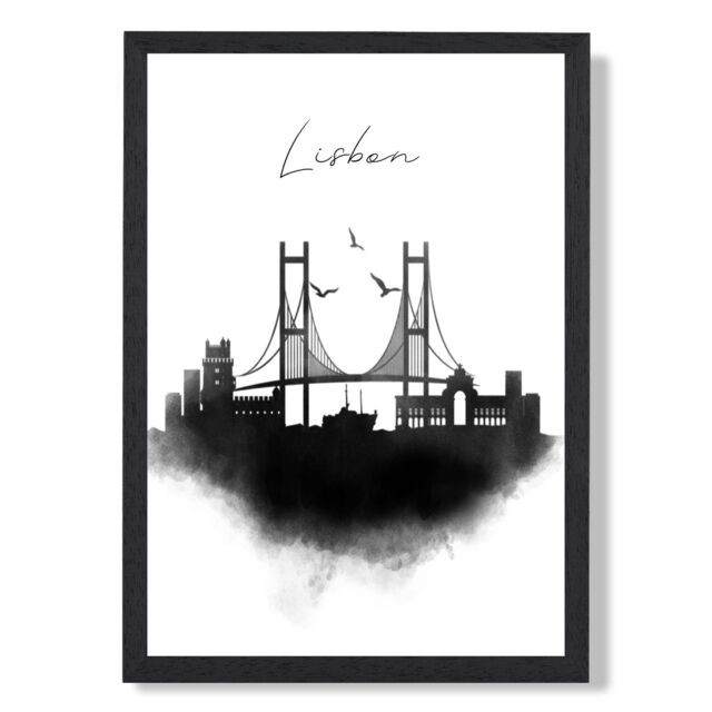 ARTZE Lisbon Watercolour Skyline City Framed Print SIZE: A3 with Black Frame - Size: A4 - image 1