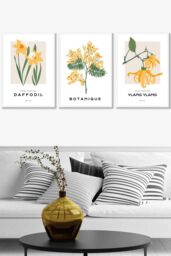 ARTZE Set of 3 White Framed Vintage Graphical Yellow Spring Flower Market Wall Art in Bright Yellow - Size: W33 cm x H45 cm x D20mm