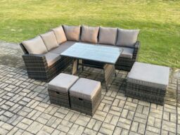 Fimous Outdoor Furniture Garden Dining Set Rattan Corner Sofa Set with Rectangular Dining Table 3 Footstools Dark Grey Mixed - thumbnail 2