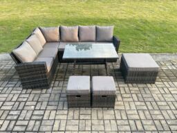 Fimous Outdoor Furniture Garden Dining Set Rattan Corner Sofa Set with Rectangular Dining Table 3 Footstools Dark Grey Mixed - thumbnail 1