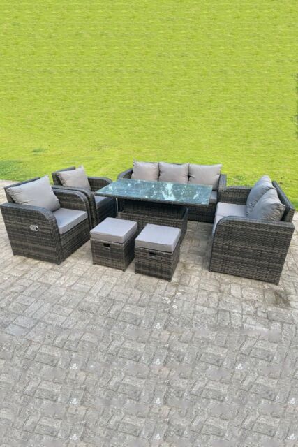 Fimous Rattan Outdoor Lifting Dining Coffee Table Love Sofa 3 Seater Sofa Small Footstools Recling Chairs in Dark Grey - image 1