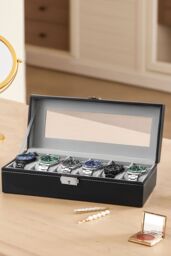 Living and Home Faux Leather Watch Display Case Jewelry Storage Boxes in Black - thumbnail 6