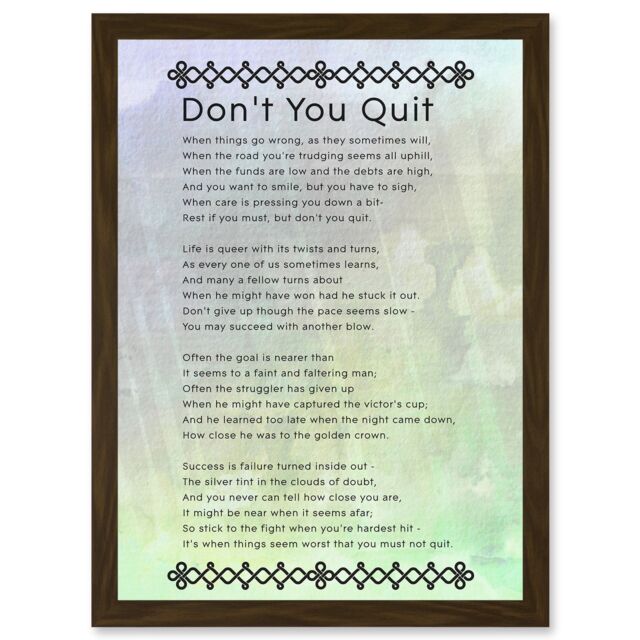 Artery8 Don't You Quit Poem Motivation Typography Quote A4 Artwork Framed Wall Art Print in Brown - image 1