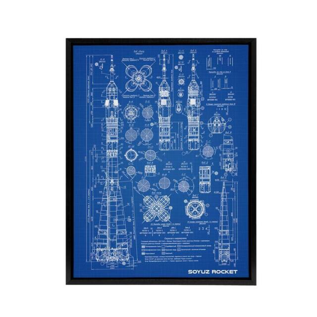 "Artery8 Soyuz Rocket USSR Soviet Space Blueprint Framed Canvas Wall Art Print in Blue - Size: W18"" x H24""" - image 1