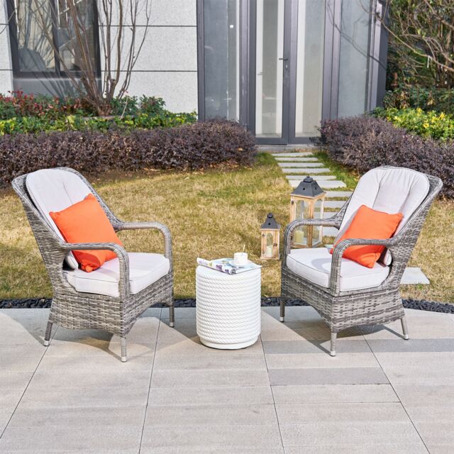 Direct Wicker 3-Piece Outdoor Garden Bistro Set, Grey Rattan Chairs with a Beige Concrete Side Table in White - Size: 2 Person - image 1