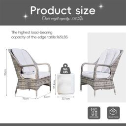 Direct Wicker 3-Piece Outdoor Garden Bistro Set, Grey Rattan Chairs with a Beige Concrete Side Table in White - Size: 2 Person - thumbnail 5