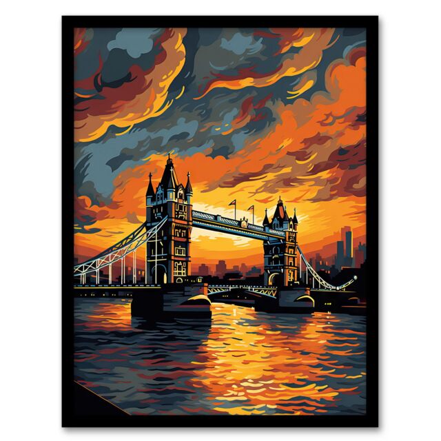Artery8 Wall Art Print Tower Bridge & The Thames River Storm Clouds Orange & Grey London England Art Framed in Black - Size: A4 - image 1