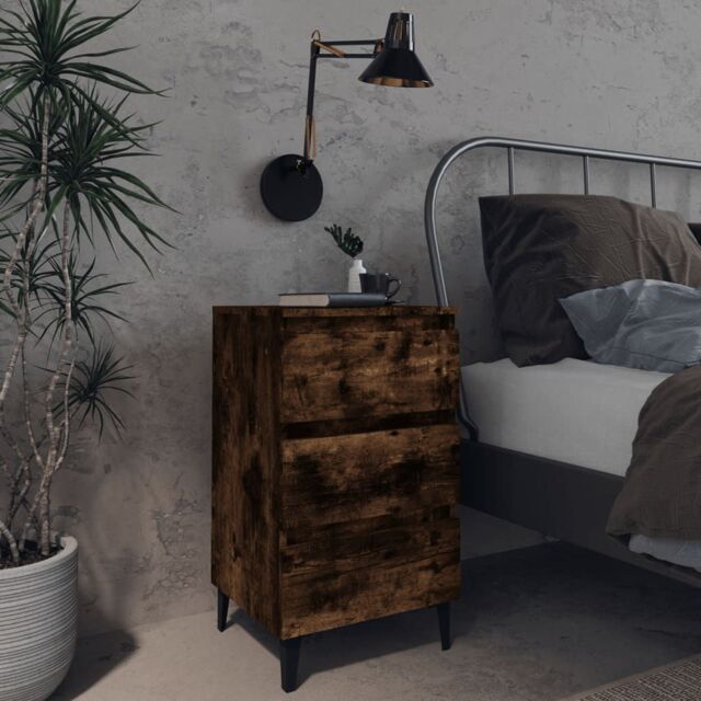 Berkfield Home Bed Cabinet with Metal Legs Smoked Oak 40x35x69 cm in Brown - Size: 40 x 35 x 69 cm - image 1
