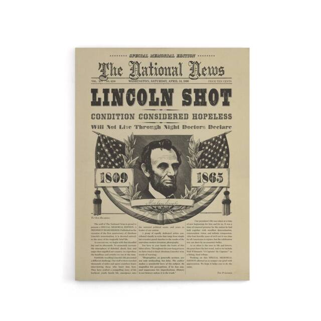 "Artery8 Abraham Lincoln Shot Newspaper Front Page Canvas Wall Art Print in Beige - Size: W24"" x H32""" - image 1