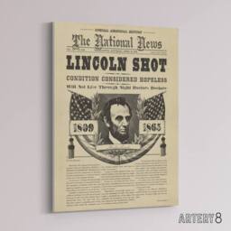 "Artery8 Abraham Lincoln Shot Newspaper Front Page Canvas Wall Art Print in Beige - Size: W24"" x H32""" - thumbnail 2