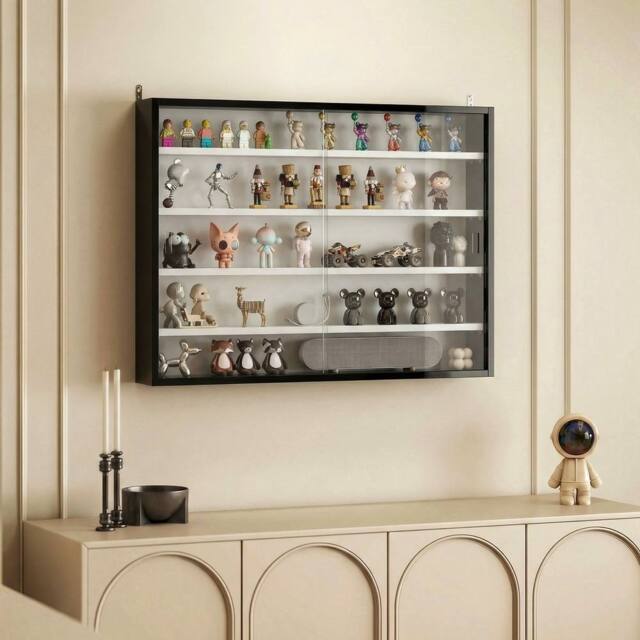 HOMCOM 5-Tier Wall Display Shelf Cabinet with Glass Doors, Black & White - image 1