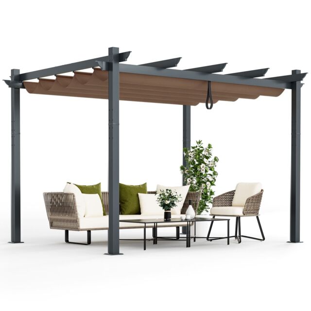 Costway 2.9X3.6 m Outdoor Retractable Pergola Aluminum Grill Pergola w/Canopy Cover Brown in Dark Brown - image 1