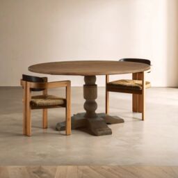 Orsina Oak Wood Round Dining Table, Vintage Dining Room Table with Carved Base, Artistic Dining Table for Kitchen in Natural - thumbnail 1