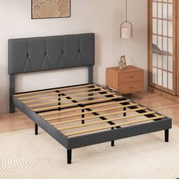 Levede Bed Frame Upholstered Linen Fabric Wooden Slats with Headboard in Grey - Size: Double - thumbnail 2