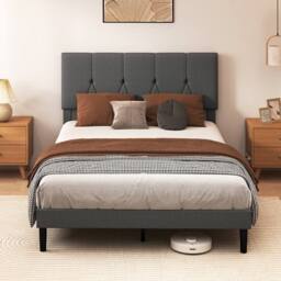 Levede Bed Frame Upholstered Linen Fabric Wooden Slats with Headboard in Grey - Size: Double - thumbnail 3