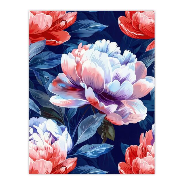 "Artery8 Wall Art Print Peony Flowers Pink Purple Blue Floral Pattern Poster in Dark Blue - Size: W24"" x H32""" - image 1