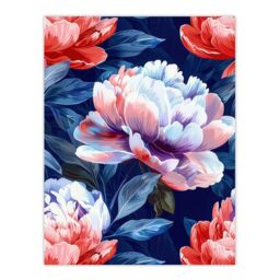 "Artery8 Wall Art Print Peony Flowers Pink Purple Blue Floral Pattern Poster in Dark Blue - Size: W24"" x H32""" - thumbnail 1
