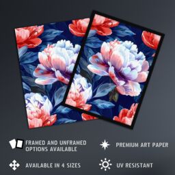 "Artery8 Wall Art Print Peony Flowers Pink Purple Blue Floral Pattern Poster in Dark Blue - Size: W24"" x H32""" - thumbnail 2