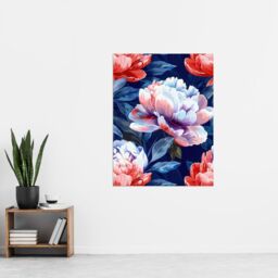 "Artery8 Wall Art Print Peony Flowers Pink Purple Blue Floral Pattern Poster in Dark Blue - Size: W24"" x H32""" - thumbnail 4