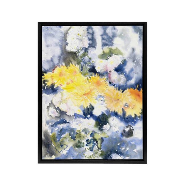 "Artery8 Yellow & Blue Floral Watercolour Demuth Framed Canvas Wall Art Print - Size: W12"" x H16""" - image 1