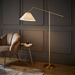 ValueLights Layla Adjustable Angled Floor Lamp with Tapered Linen Lamp Shade in Gold - thumbnail 1