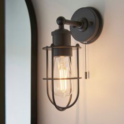 Loops Matt Black Industrial Caged Bathroom Wall Light - IP44 Rated - Knurled Detailing - thumbnail 3