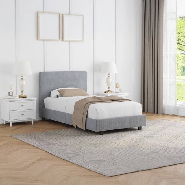 FWStyle Single Grey Linen Ribbed Upholstered Fabric Bed Frame - image 1