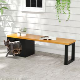 Gymax 150 CM Long Outdoor Metal Bench With Cat House 3-Person Seating in Brown - thumbnail 3