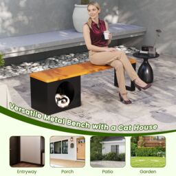 Gymax 150 CM Long Outdoor Metal Bench With Cat House 3-Person Seating in Brown - thumbnail 9