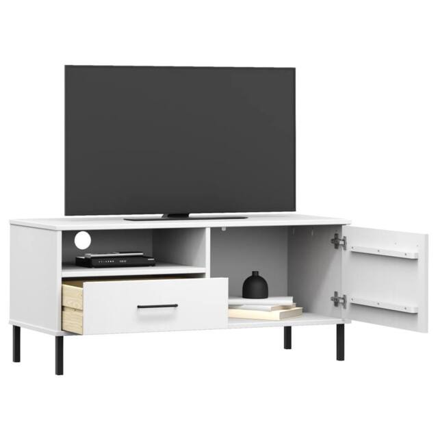 Berkfield Home TV Cabinet with Metal Legs White Solid Wood Pine OSLO - image 1