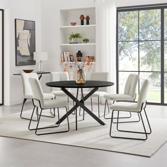 FurnitureboxUK Novara Black Top Dining Table & 6 Halley Fabric Chairs in Cream