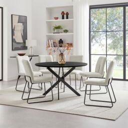 FurnitureboxUK Novara Black Top Dining Table & 6 Halley Fabric Chairs in Cream - thumbnail 1