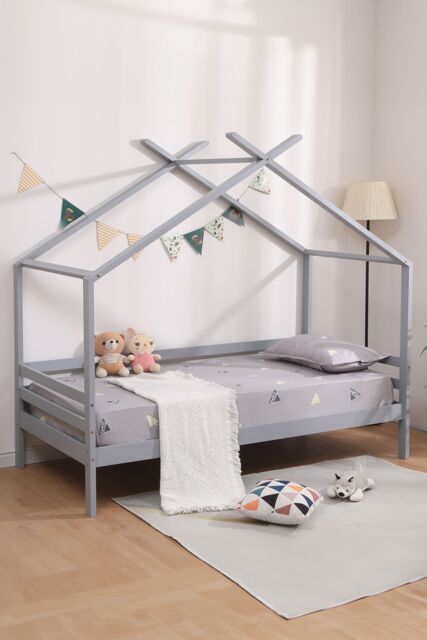SlumberWorx Teddy Kids Childrens Wooden House Treehouse Single Bed Frame in Grey - image 1