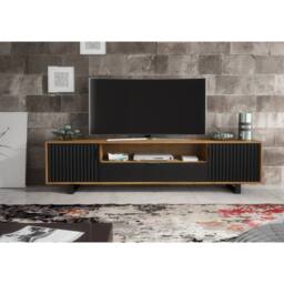 Mex Furniture LTD TV Unit Blackridge 200cm - Dark Oak with Black Fluted Doors & Drawer in Dark Brown - thumbnail 4